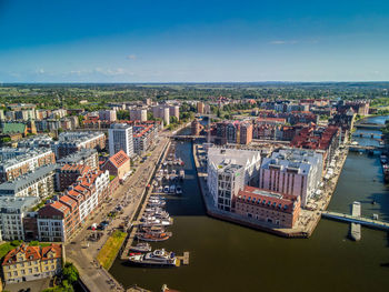 High angle view of buildings in the city, aerial view of the new apartments in gdansk, poland. 