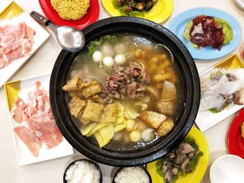 High angle view of food in plate on table