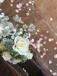 High angle view of rose bouquet on table