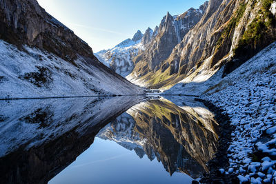 Scenic view of snowcapped mountains against sky during winter