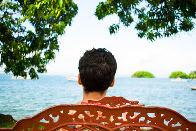 Rear view of man by sea against sky