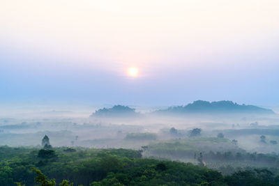 Morning sunrise above the landscape of rural area of surat thani province in southern thailand