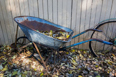 High angle view of dry leaves on abandoned land