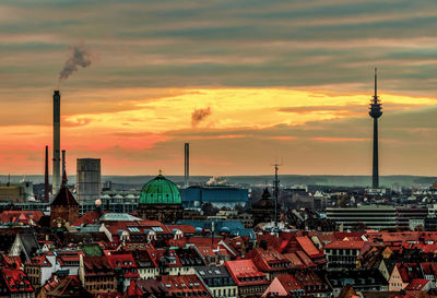 Aerial view of buildings in city during sunset