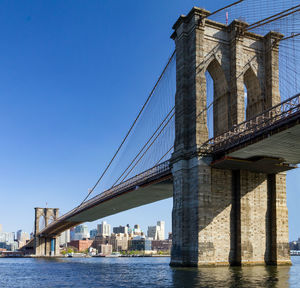 Low angle view of suspension bridge against sky