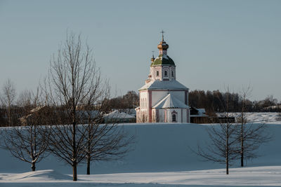 Built structure on snow covered landscape