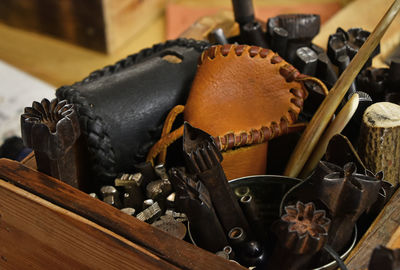 Close-up of equipment in wooden box