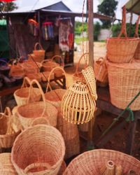 Close-up of wicker basket for sale at market stall