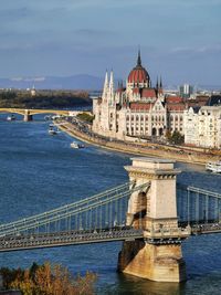 Bridge over river with city in background