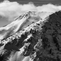 Aerial view of snow covered mountains against sky