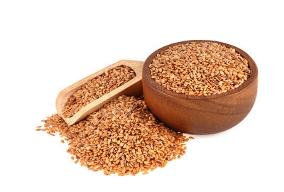 Close-up of bread in bowl against white background