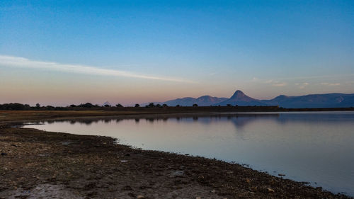 Scenic view of lake against sky during sunset