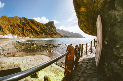 Scenic view of sea and mountains against sky