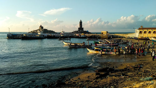 View of boats moored at harbor