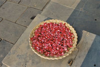 High angle view of chopped strawberries on table