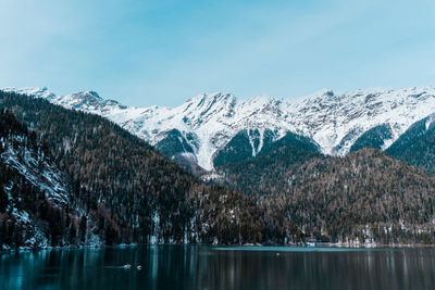 Scenic view of lake and snowcapped mountains against sky