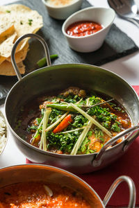 High angle view of soup in bowl on table