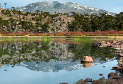 Scenic view of lake and mountains against sky