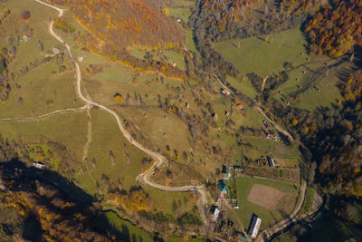 Aerial picture of a countryside village road, agricultural fields, forest. transylvania, romania