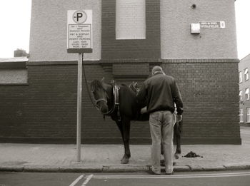 Rear view of man standing by horse against building