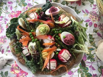 High angle view of chopped vegetables in plate