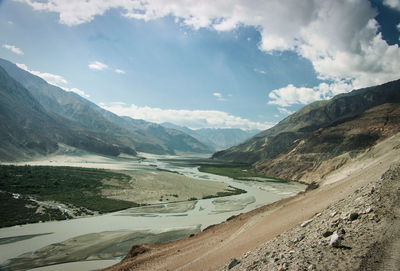 Scenic view of landscape and mountains against sky