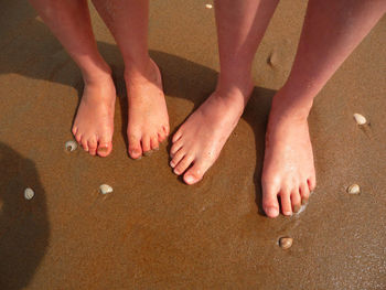 Low section of woman standing on sand