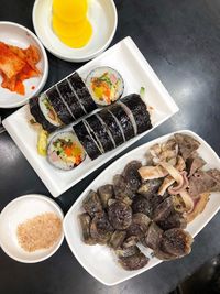 High angle view of food served on table