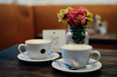 Close-up of coffee served on table