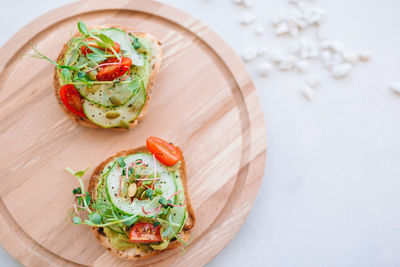 High angle view of fruit salad in bowl on table