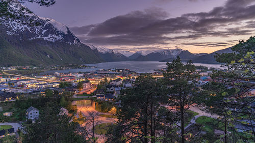 View of Åndalsnes from the nebba viewpoint during sunset