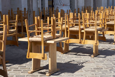 Empty terrace of a closed street cafe due to the pandemic.