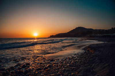 Scenic view of sea against clear sky during sunset