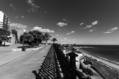 Panoramic view of palm trees by sea against sky