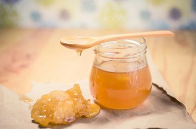 Close-up of honey in jar