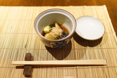 High angle view of food in bowl on table