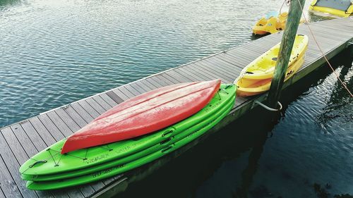 High angle view of boats moored in river