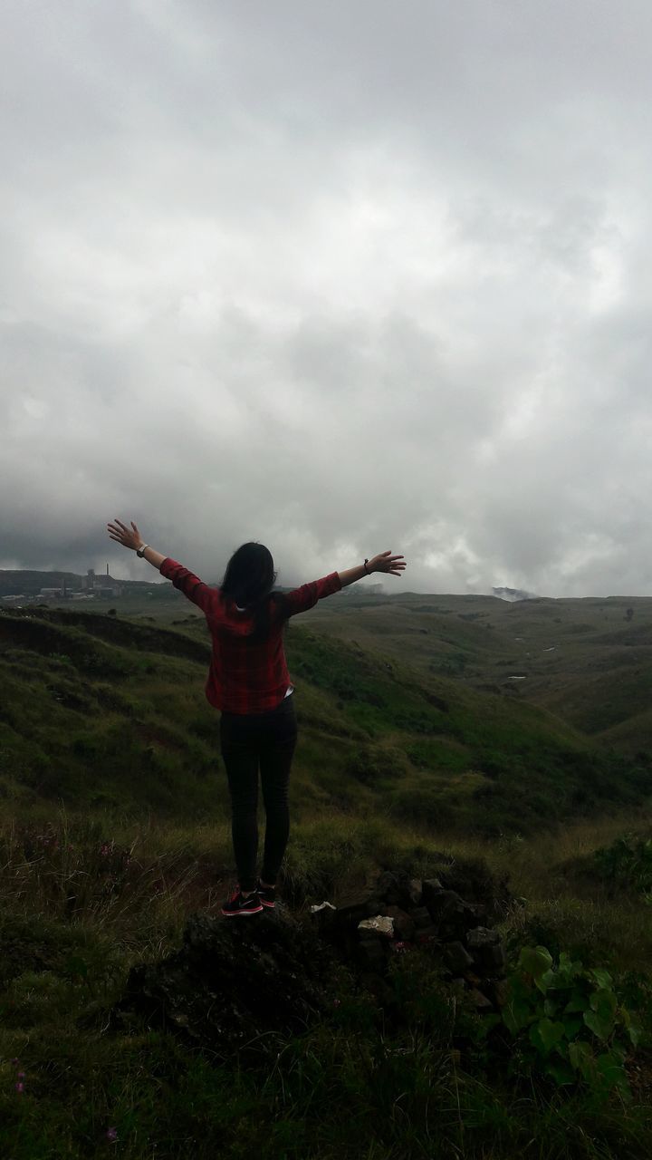 REAR VIEW OF WOMAN STANDING ON LANDSCAPE