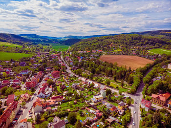 High angle view of buildings against sky