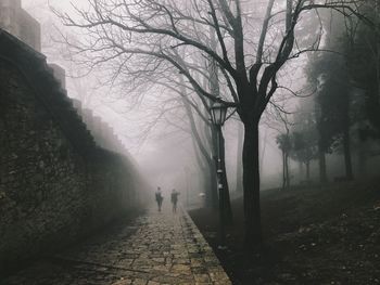 Rear view of man walking on snow covered walkway in foggy weather