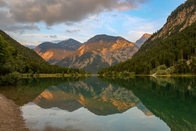 Scenic view of lake and mountains against sky