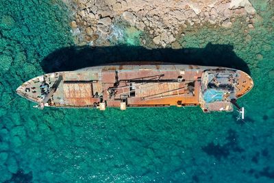 High angle view of abandoned boat in sea