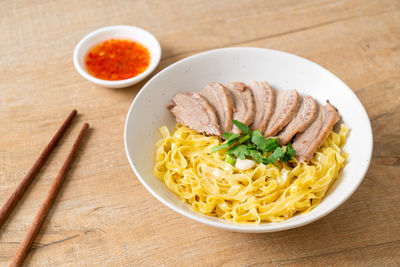 High angle view of food in plate on table