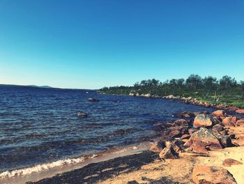 Scenic view of sea against clear blue sky