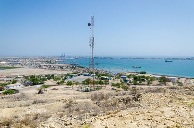 Scenic view of beach against clear blue sky