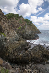 Scenic view of cliff by sea against sky