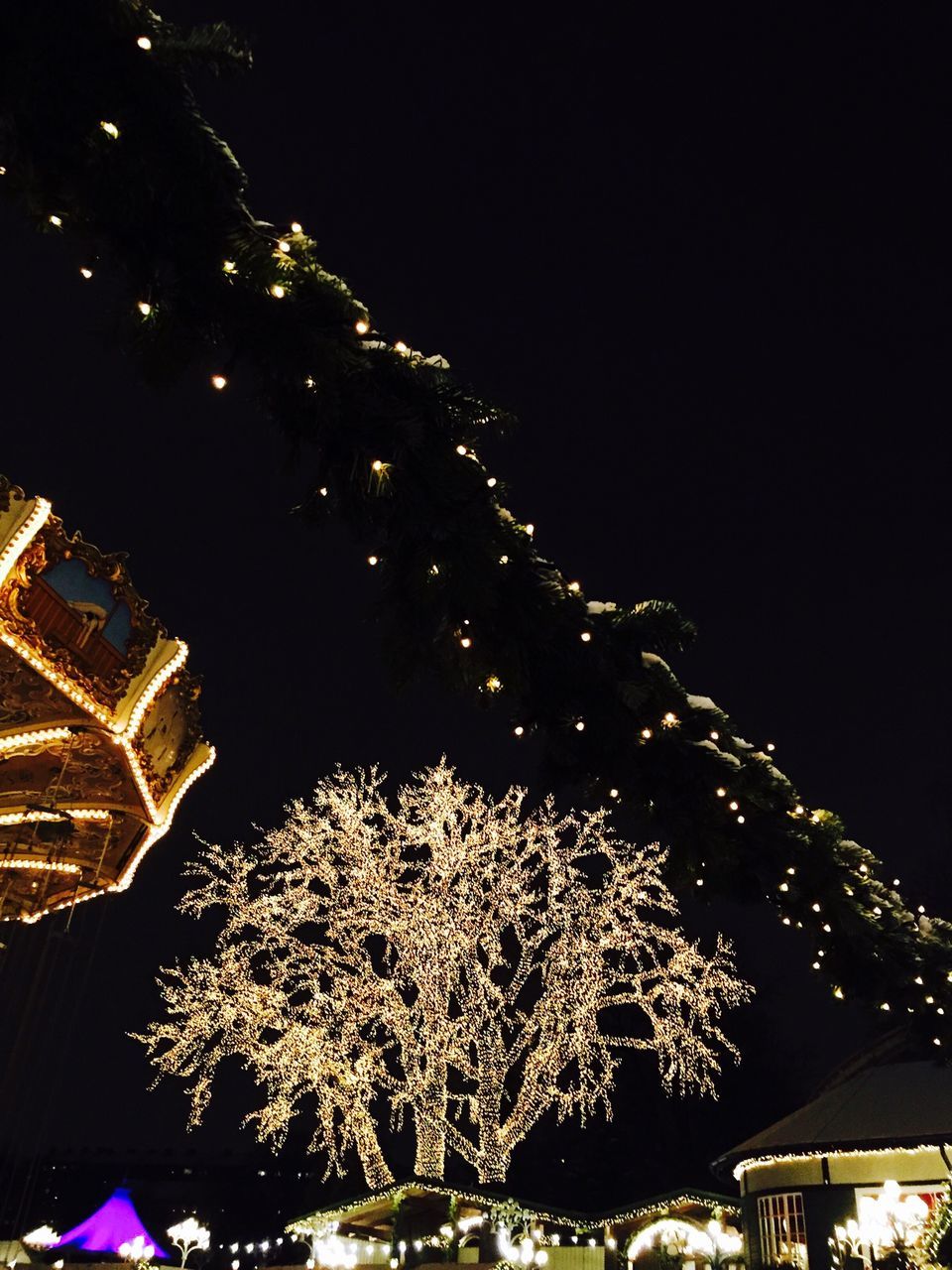 night, illuminated, tree, low angle view, clear sky, celebration, lighting equipment, building exterior, built structure, architecture, sky, copy space, outdoors, decoration, street light, arts culture and entertainment, tradition, christmas, glowing, branch