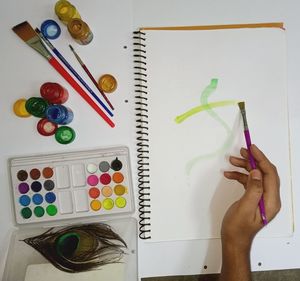 High angle view of multi colored pencils on table