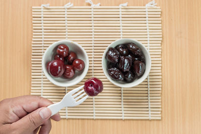 Close-up of hand holding ice cream served on table