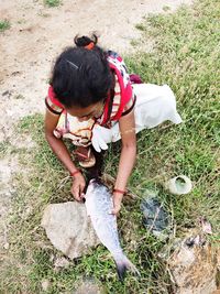 High angle view of girl on field